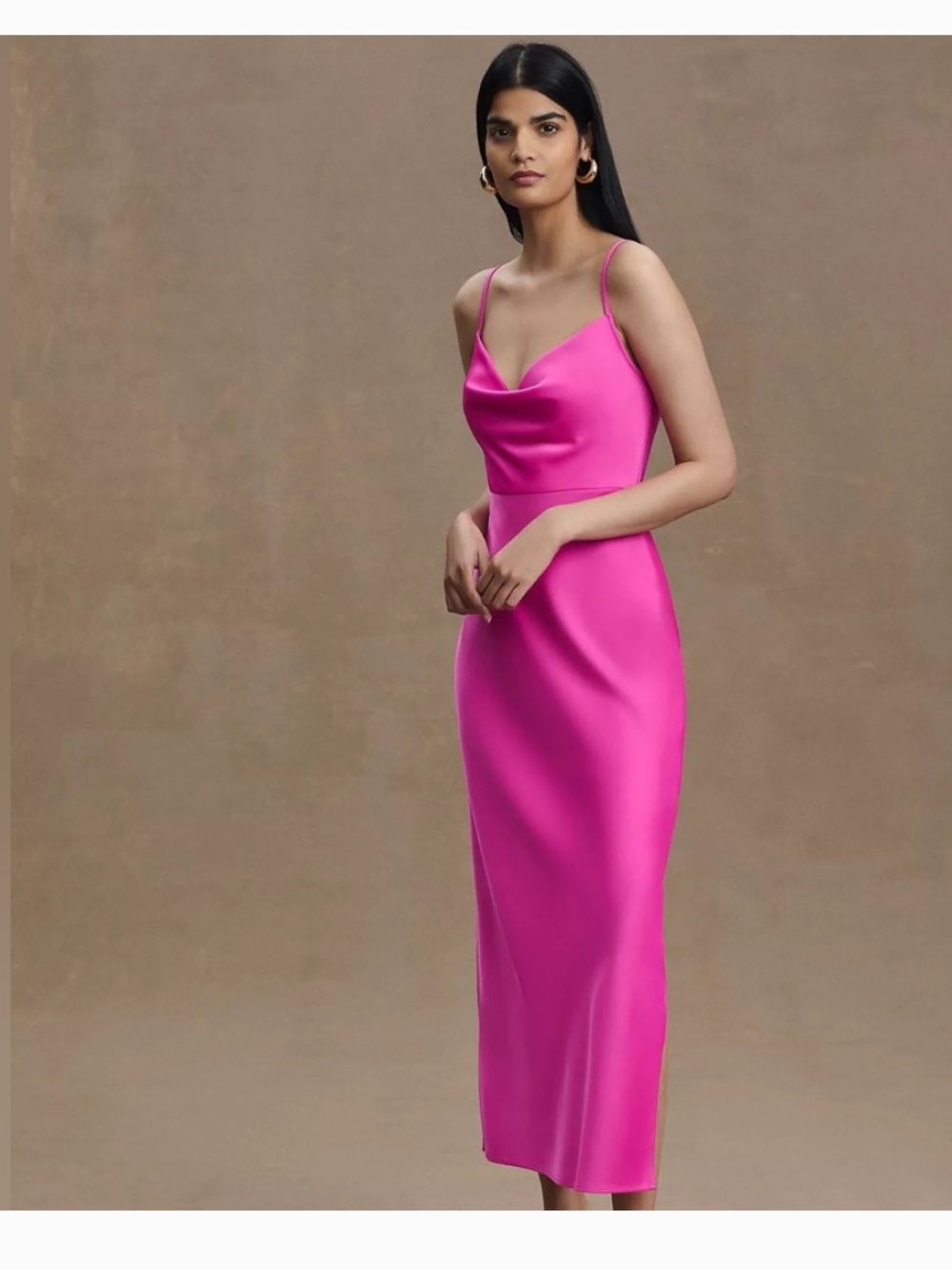 BHLDN Cali Satin Cowl-Neck Midi Slip Dress in Hot Pink, Size 8